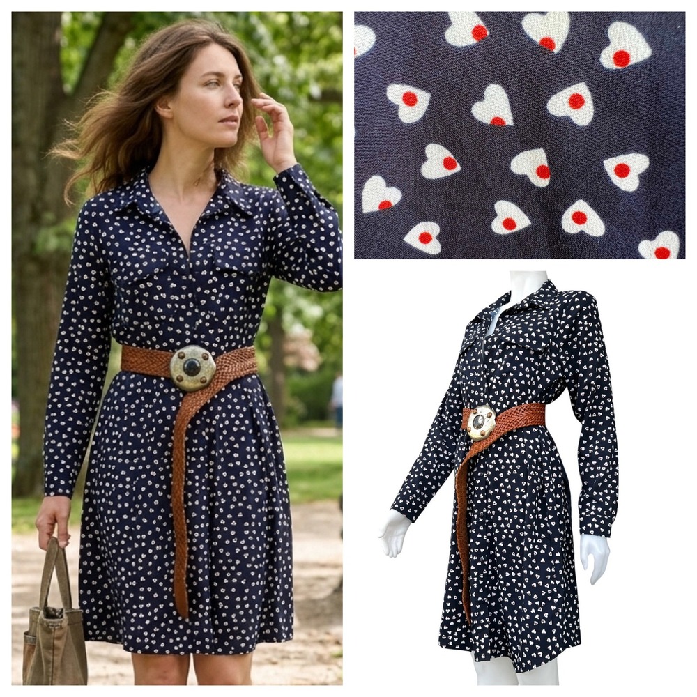 Brave Soul London‎ Jojo Midi Shirt Dress Heart Print Navy